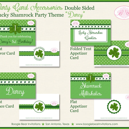 Lucky Shamrock Birthday Favor Party Card Appetizer Tent Place Food Tag St. Patrick's Day 4 Leaf Clover Boogie Bear Invitations Darcy Theme