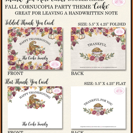 Thanksgiving Dinner Thank You Cards Flat Folded Note Party Cornucopia Pumpkin Pie Fall Autumn Boogie Bear Invitations Cooke Theme Printed