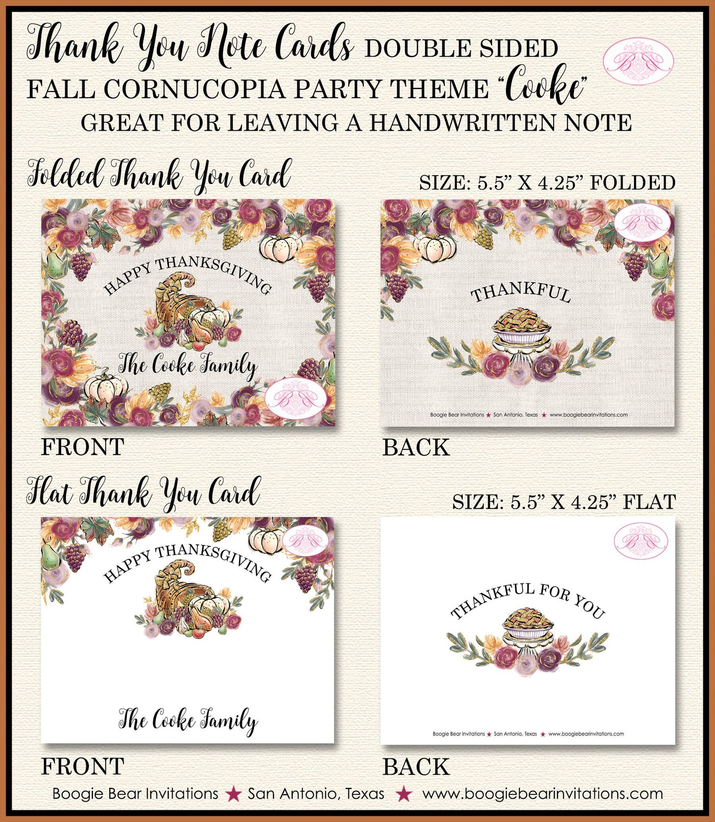 Thanksgiving Dinner Thank You Cards Flat Folded Note Party Cornucopia Pumpkin Pie Fall Autumn Boogie Bear Invitations Cooke Theme Printed