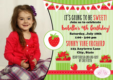 Load image into Gallery viewer, Strawberry Birthday Party Invitation Photo Girl Red Green Berry Picking Boogie Bear Invitations Isabella Theme Paperless Printable Printed