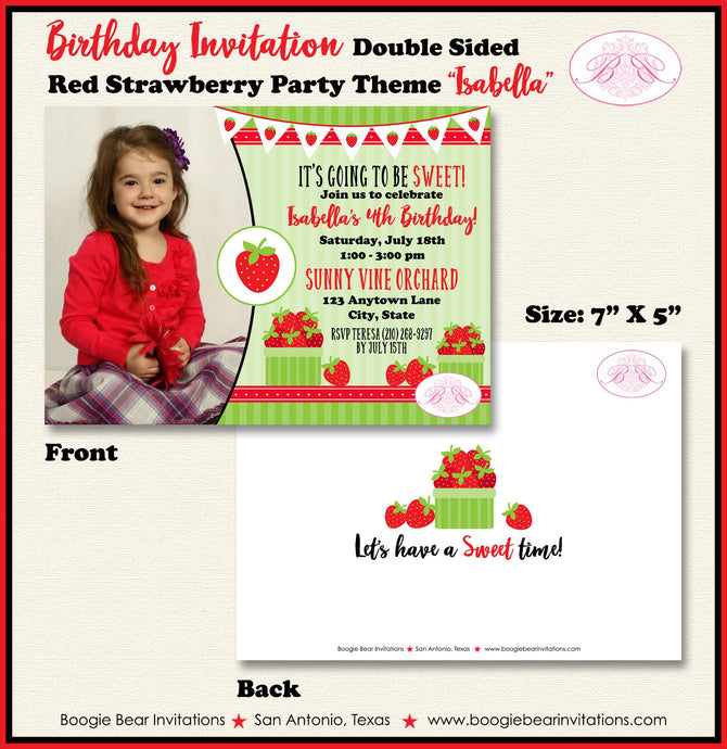 Strawberry Birthday Party Invitation Photo Girl Red Green Berry Picking Boogie Bear Invitations Isabella Theme Paperless Printable Printed