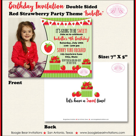 Strawberry Birthday Party Invitation Photo Girl Red Green Berry Picking Boogie Bear Invitations Isabella Theme Paperless Printable Printed