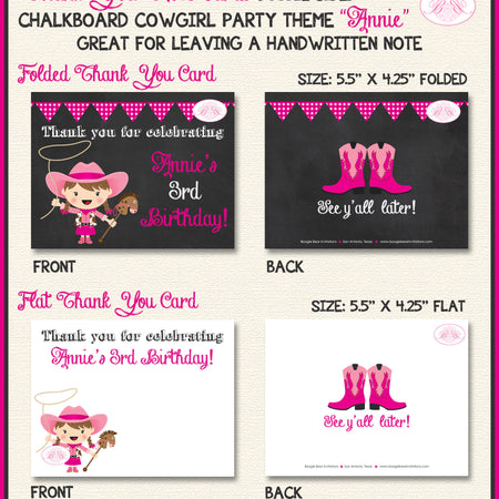 Chalkboard Pink Cowgirl Party Thank You Card Birthday Girl Horse Hat Boots Farm Country Ranch Boogie Bear Invitations Annie Theme Printed