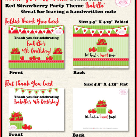 Red Strawberry Party Thank You Note Card Birthday Fruit Picking Green Crate Summer Girl Boy Boogie Bear Invitations Isabella Theme Printed