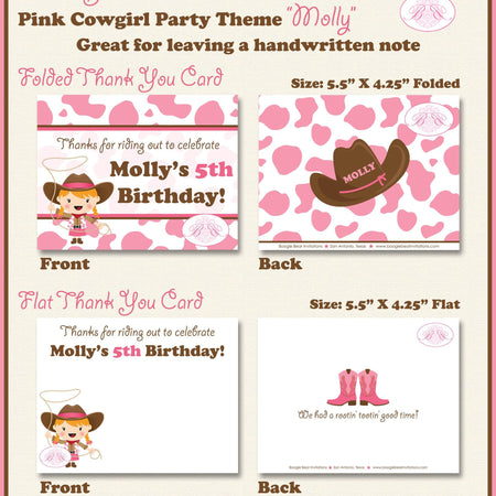 Pink Cowgirl Party Thank You Card Birthday Cow Print Lasso Rodeo Boots Girl Farm Barn Country Boogie Bear Invitations Molly Theme Printed