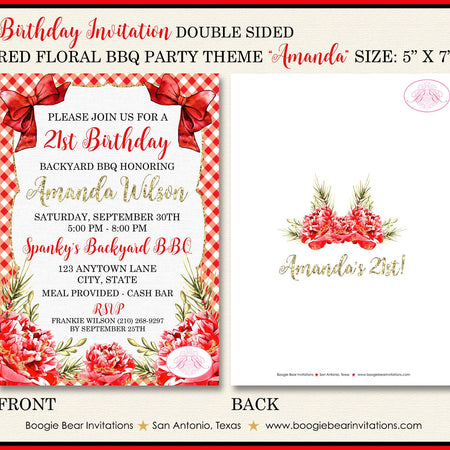 Red Gold BBQ Birthday Party Invitation Floral Flower Sweet 16 Barbeque Farm Boogie Bear Invitations Amanda Theme Paperless Printable Printed