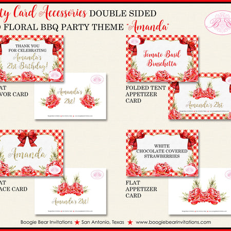 Red Gold BBQ Birthday Favor Party Card Tent Place Food Appetizer Floral Flower Winter Christmas Gingham Boogie Bear Invitations Amanda Theme