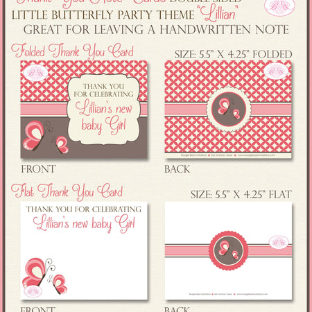 Little Butterfly Thank You Card Baby Shower Red Brown Pink Girl Garden Grow Spring Flutter Fly Boogie Bear Invitations Lillian Theme Printed
