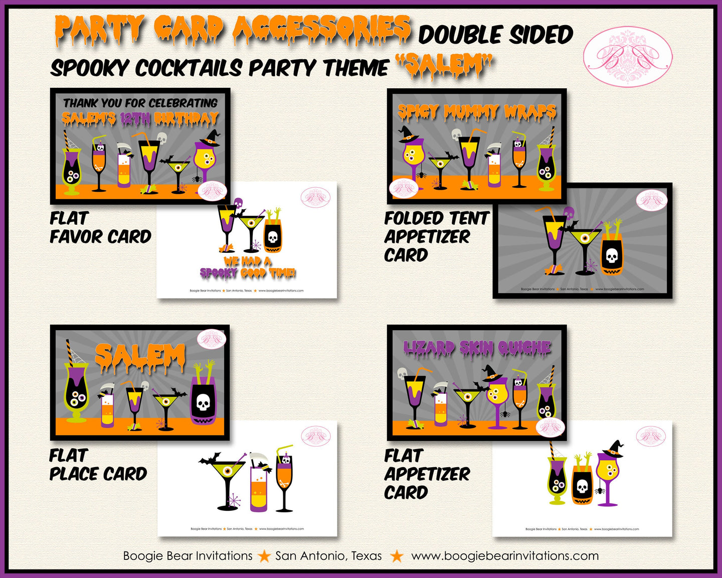 Spooky Cocktails Birthday Favor Party Card Tent Place Food Tag Appetizer Folded Flat Halloween Poison Boogie Bear Invitations Salem Theme