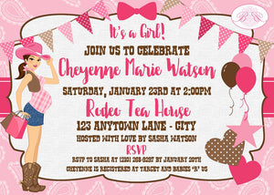 Cowgirl Pink Baby Shower Invitation Girl Modern Chic Country Farm Barn Boogie Bear Invitations Cheyenne Theme Paperless Printable Printed