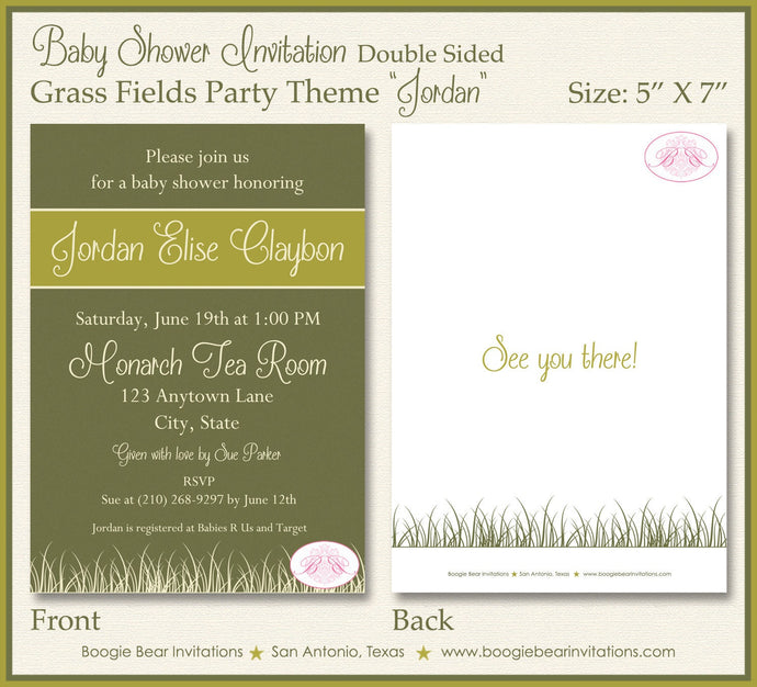 Grass Fields Baby Shower Invitation Green Garden Boy Girl Gender Neutral Boogie Bear Invitations Jordan Theme Paperless Printable Printed