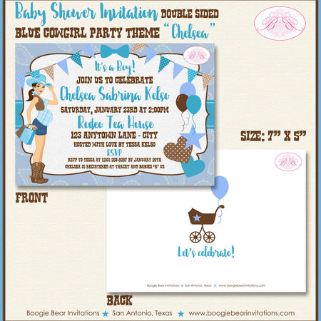 Cowgirl Blue Baby Shower Invitation Boy Modern Chic Teal Aqua Turquoise Boogie Bear Invitations Chelsea Theme Paperless Printable Printed