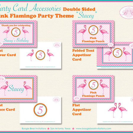Pink Flamingo Birthday Party Favor Card Appetizer Food Place Sign Label Aqua Teal Turqouise Wild Girl Boogie Bear Invitations Stacey Theme
