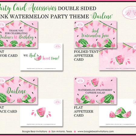 Pink Watermelon Birthday Party Favor Card Appetizer Food Place Sign Label Girl One In a Melon Green Boogie Bear Invitations Darlene Theme