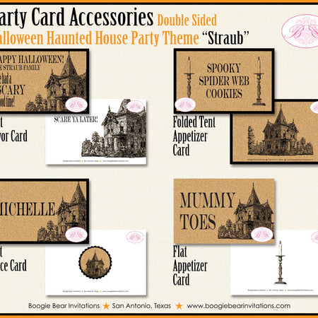 Haunted House Party Favor Card Tent Place Food Tag Appetizer Folded Flat Halloween Adult Black Orange Boogie Bear Invitations Straub Theme