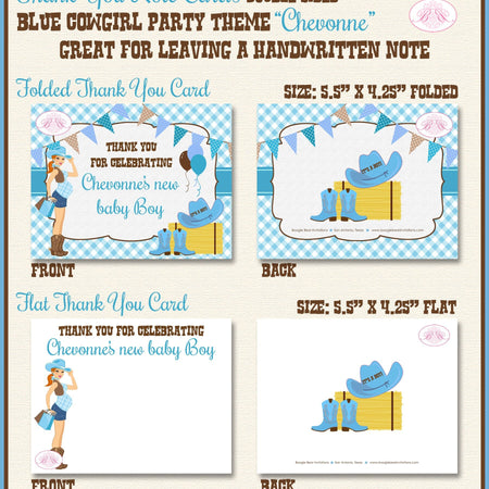 Cowgirl Blue Party Thank You Card Favor Note Baby Shower Boy Country Chic Brown Farm Boot Hat Boogie Bear Invitations Chevonne Theme Printed