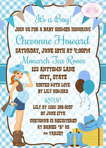 Cowgirl Blue Baby Shower Invitation Boy Modern Chic Teal Aqua Turquoise Boogie Bear Invitations Chevonne Theme Paperless Printable Printed