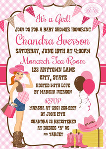 Cowgirl Pink Baby Shower Invitation Girl Modern Chic Magenta Bright Soft Boogie Bear Invitations Chandra Theme Paperless Printable Printed