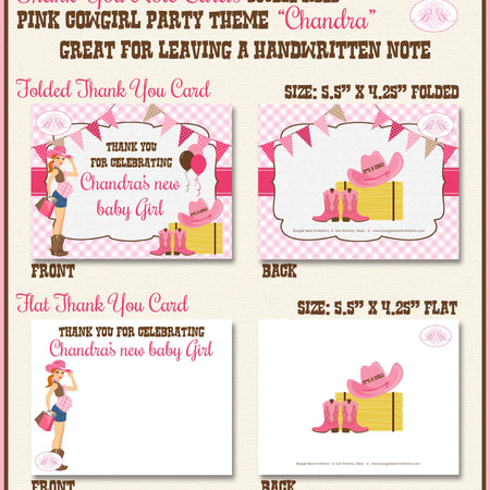 Cowgirl Pink Party Thank You Card Favor Note Baby Shower Girl Country Chic Brown Farm Boot Hat Boogie Bear Invitations Chandra Theme Printed