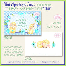 Load image into Gallery viewer, Blue Little Lamb Baby Shower Favor Card Appetizer Food Place Sign Label Boy Farm Animals Sheep Boogie Bear Invitations Teli Theme Printed