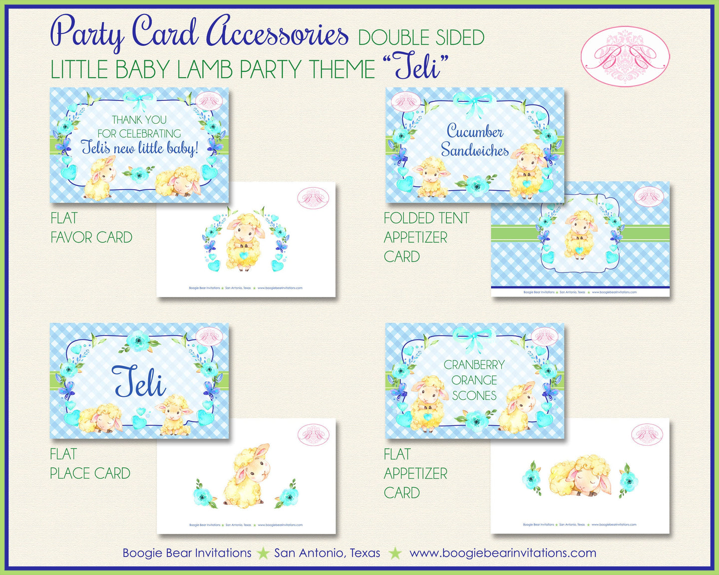 Blue Little Lamb Baby Shower Favor Card Appetizer Food Place Sign Label Boy Farm Animals Sheep Boogie Bear Invitations Teli Theme Printed