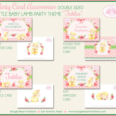 Pink Little Lamb Baby Shower Favor Card Appetizer Food Place Sign Label Girl Farm Animals Sheep Boogie Bear Invitations Tahlia Theme Printed