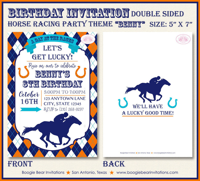 Horse Racing Birthday Party Invitation Orange Blue Kentucky Derby Race Track Boogie Bear Invitations Benny Theme Paperless Printable Printed