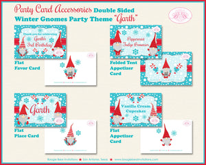 Winter Gnomes Birthday Party Favor Card Appetizer Food Place Sign Label Snowflake Red Christmas Girl Boy Boogie Bear Invitations Garth Theme