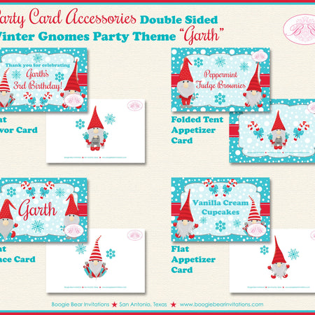 Winter Gnomes Birthday Party Favor Card Appetizer Food Place Sign Label Snowflake Red Christmas Girl Boy Boogie Bear Invitations Garth Theme