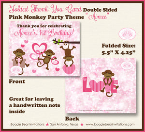 Pink Monkey Party Thank You Card Birthday Girl Love Valentine's Day Heart Swinging Jungle Zoo Boogie Bear Invitations Aimee Theme Printed
