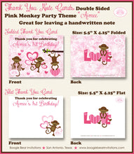 Load image into Gallery viewer, Pink Monkey Party Thank You Card Birthday Girl Love Valentine&#39;s Day Heart Swinging Jungle Zoo Boogie Bear Invitations Aimee Theme Printed