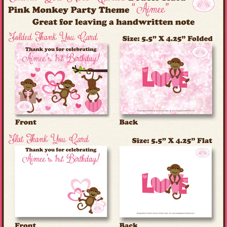 Pink Monkey Party Thank You Card Birthday Girl Love Valentine's Day Heart Swinging Jungle Zoo Boogie Bear Invitations Aimee Theme Printed