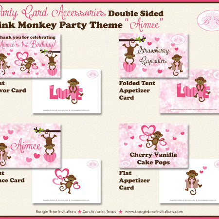 Pink Monkey Birthday Party Favor Card Appetizer Food Place Sign Label Love Valentine's Day Girl Heart Boogie Bear Invitations Aimee Theme