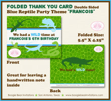 Load image into Gallery viewer, Reptile Party Thank You Card Birthday Green Blue Snake Lizard Frog Chameleon Rain Forest Wild Boogie Bear Invitations Francois Theme Printed