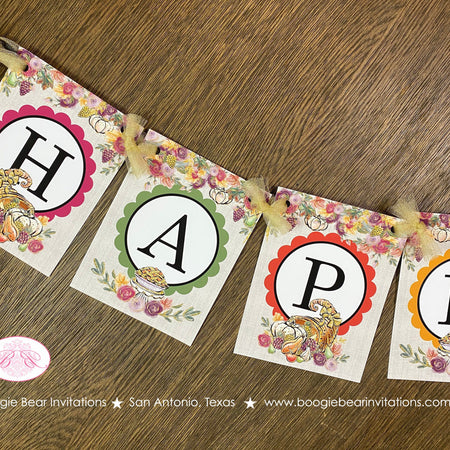 Happy Thanksgiving Banner Party Dinner Cornucopia Bounty Pumpkin Pie Horn of plenty Fall Autumn Flower Boogie Bear Invitations Cooke Theme