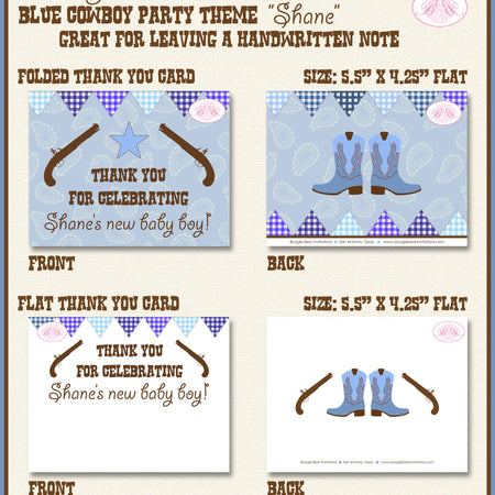 Blue Gunslinger Party Thank You Card Baby Shower Boy Brown Boots Guns Pistol Ranch Cowboy Star Boogie Bear Invitations Shane Theme Printed