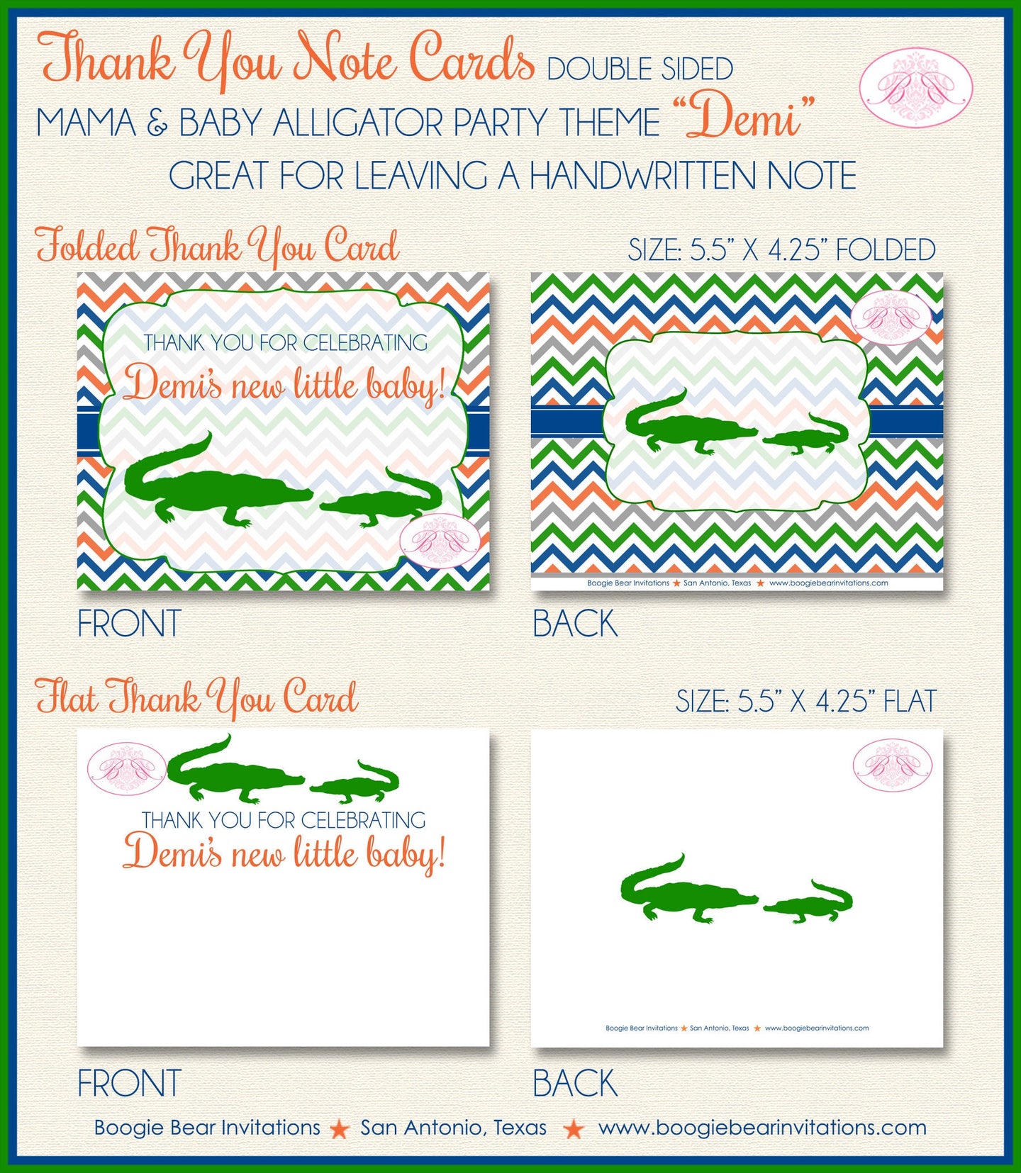Alligator Crocodile Baby Shower Thank You Card Boy Girl Chevron Green Blue Orange Birthday Party Boogie Bear Invitations Demi Theme Printed