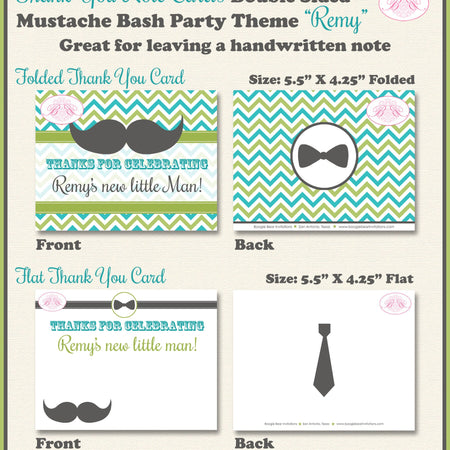 Mustache Bash Baby Shower Thank You Card Retro Little Man Chevron Boy Green Blue Formal Circus Boogie Bear Invitations Remy Theme Printed
