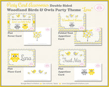 Load image into Gallery viewer, Woodland Birds Owls Baby Shower Favor Card Tent Appetizer Food Yellow Grey Gray Forest Animals Boogie Bear Invitations Lara Theme Printed