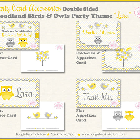 Woodland Birds Owls Baby Shower Favor Card Tent Appetizer Food Yellow Grey Gray Forest Animals Boogie Bear Invitations Lara Theme Printed