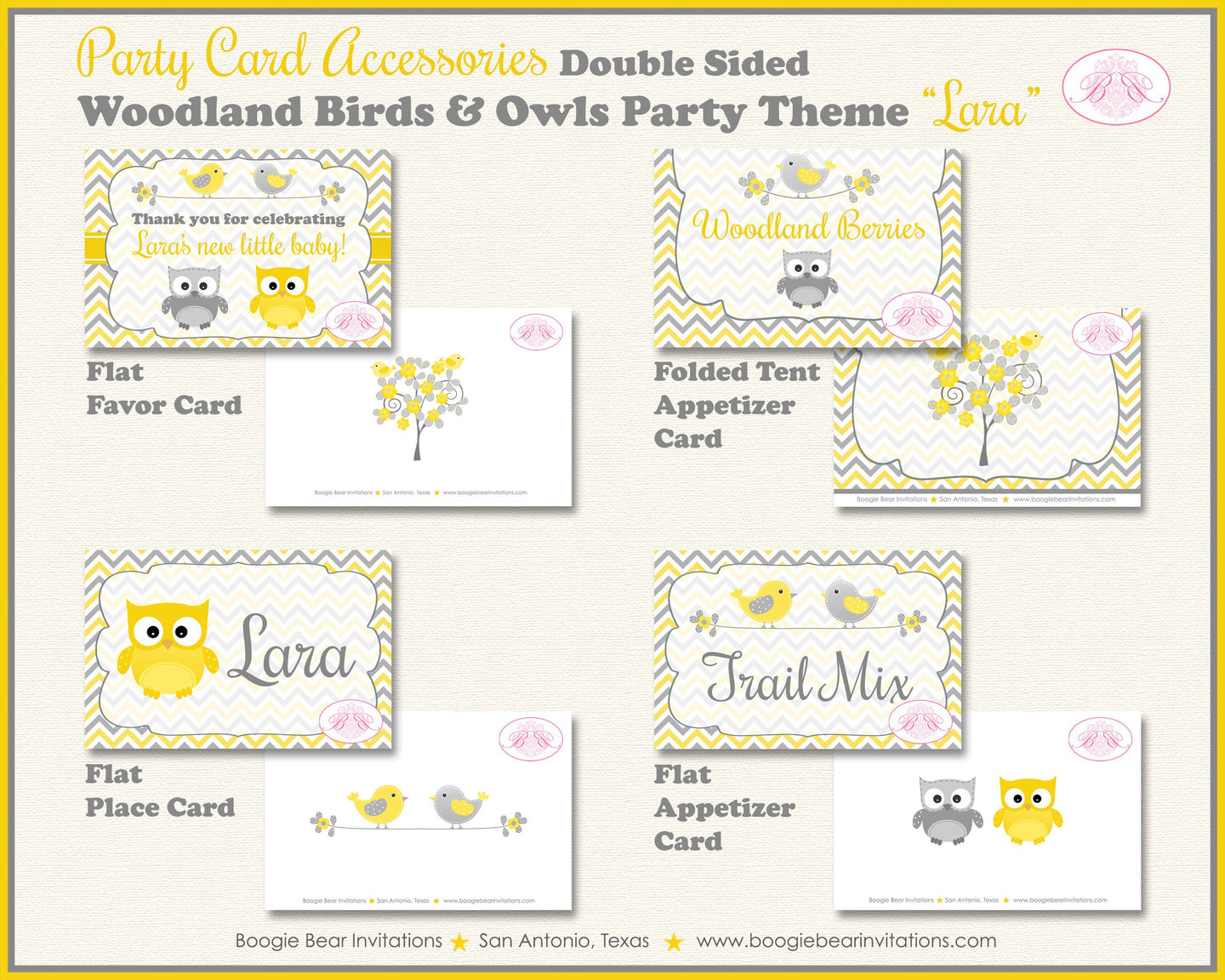 Woodland Birds Owls Baby Shower Favor Card Tent Appetizer Food Yellow Grey Gray Forest Animals Boogie Bear Invitations Lara Theme Printed