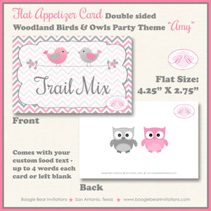 Woodland Birds Owls Baby Shower Favor Card Tent Appetizer Food Grey Gray Pink Girl Animals Forest Boogie Bear Invitations Amy Theme Printed