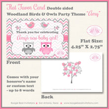 Load image into Gallery viewer, Woodland Birds Owls Baby Shower Favor Card Tent Appetizer Food Grey Gray Pink Girl Animals Forest Boogie Bear Invitations Amy Theme Printed