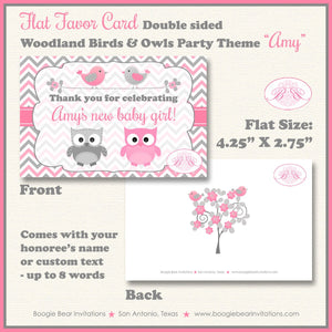 Woodland Birds Owls Baby Shower Favor Card Tent Appetizer Food Grey Gray Pink Girl Animals Forest Boogie Bear Invitations Amy Theme Printed