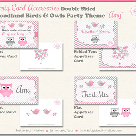 Woodland Birds Owls Baby Shower Favor Card Tent Appetizer Food Grey Gray Pink Girl Animals Forest Boogie Bear Invitations Amy Theme Printed