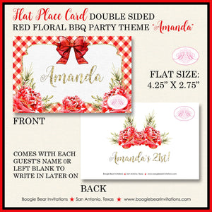 Red Gold BBQ Birthday Favor Party Card Tent Place Food Appetizer Floral Flower Winter Christmas Gingham Boogie Bear Invitations Amanda Theme