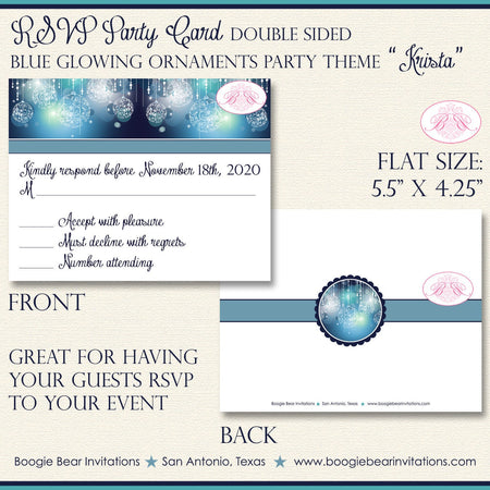 Blue Glowing Ornaments Party RSVP Cards Birthday Sweet 16 Winter Ladies Formal Elegant Boogie Bear Invitations Krista Theme Printed