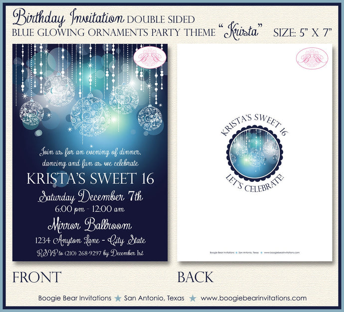 Blue Glowing Ornament Party Invitation Sweet 16 Birthday Formal Elegant Boogie Bear Invitations Krista Theme Paperless Printable Printed