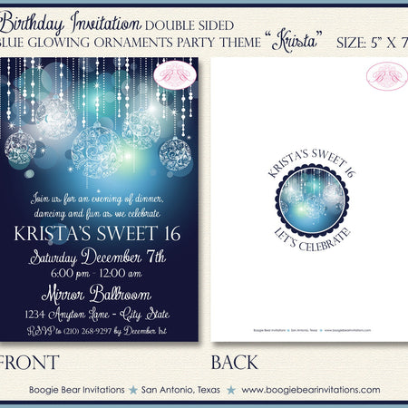 Blue Glowing Ornament Party Invitation Sweet 16 Birthday Formal Elegant Boogie Bear Invitations Krista Theme Paperless Printable Printed