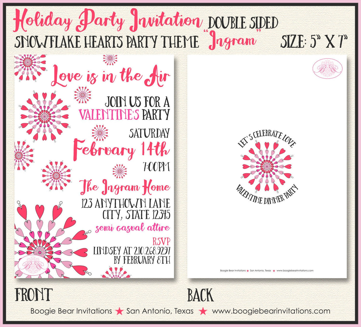 Snowflake Hearts Valentine's Party Invitation Red Pink Day Love Radial Snow Boogie Bear Invitations Ingram Theme Paperless Printable Printed